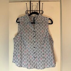 Cathy Petite Womens Pinstripe Sleeveless Woven Shirt Anchors Size PL Collared